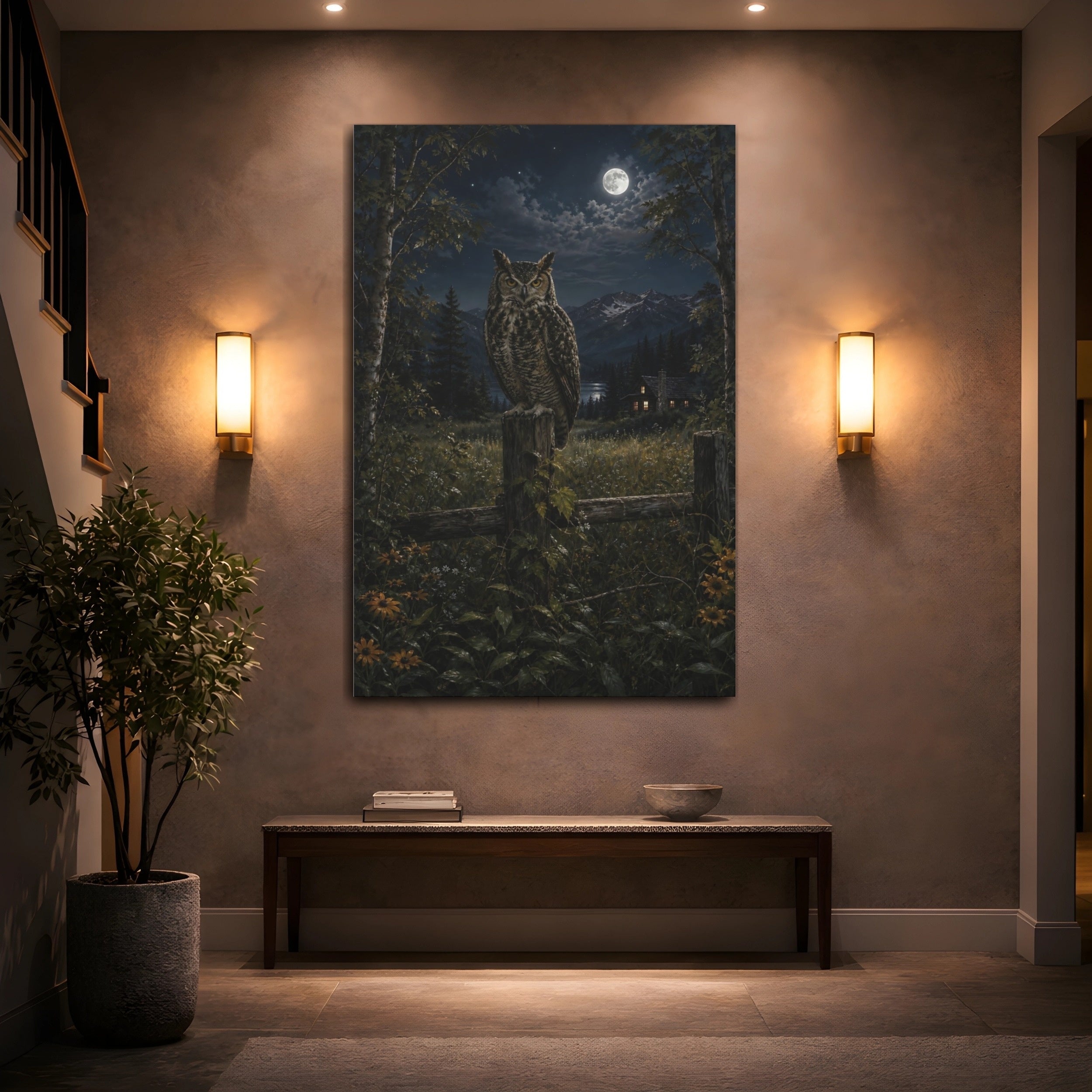 Mockup 2. Nature Owl Nocturnal Owl Scene shown as stretched canvas wall art