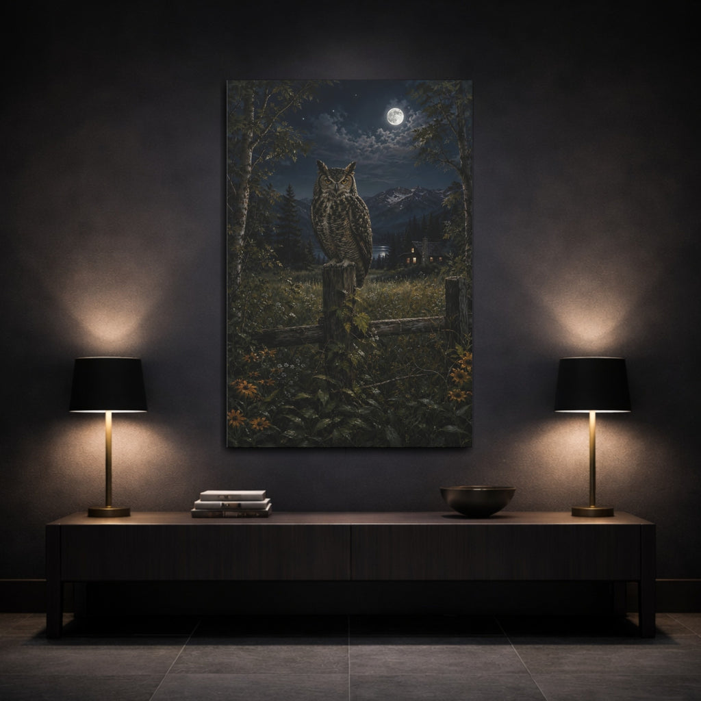 Mockup 3. Nature Owl Nocturnal Owl Scene shown as stretched canvas wall art