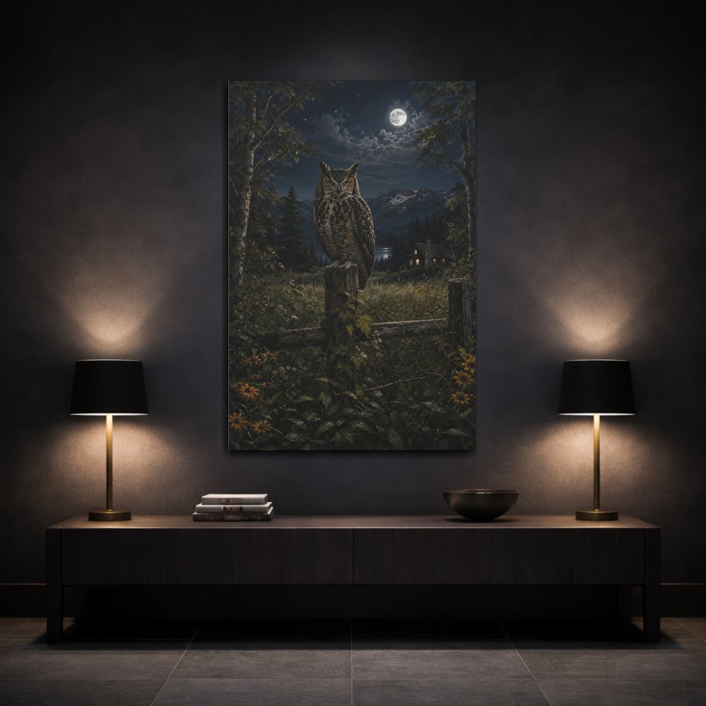 Mockup 3. Nature Owl Nocturnal Owl Scene shown as stretched canvas wall art