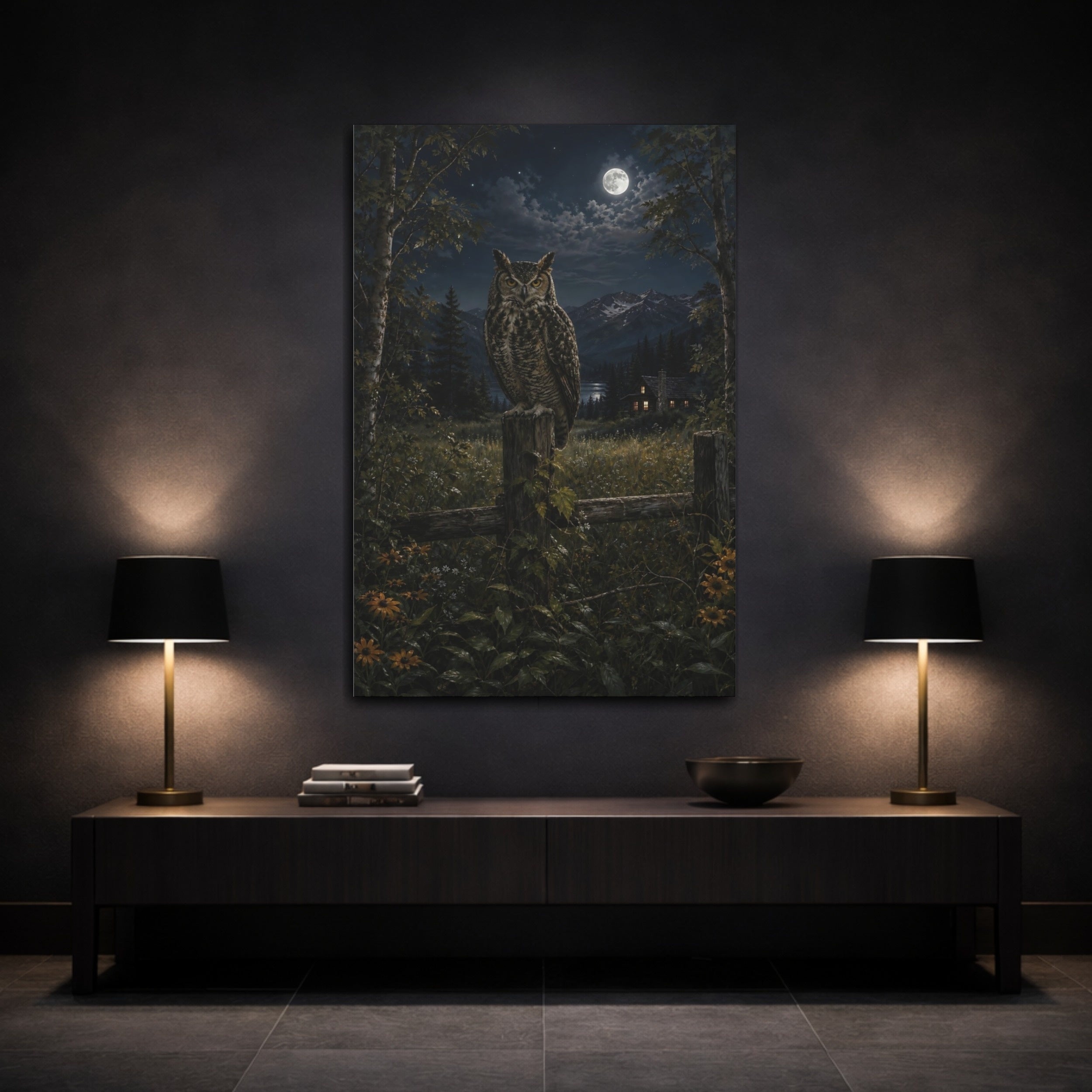 Mockup 3. Nature Owl Nocturnal Owl Scene shown as stretched canvas wall art