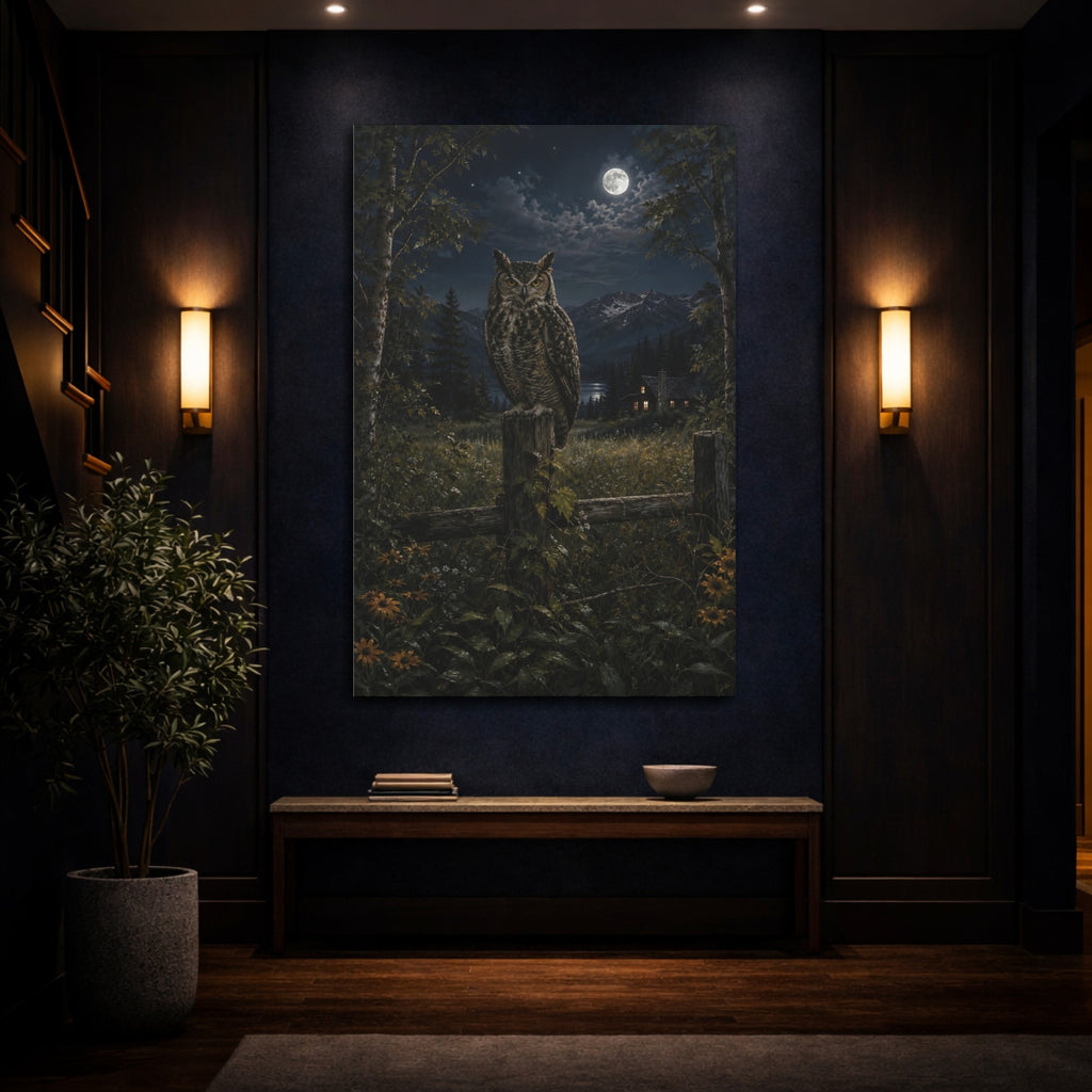 Mockup 4. Nature Owl Nocturnal Owl Scene shown as stretched canvas wall art