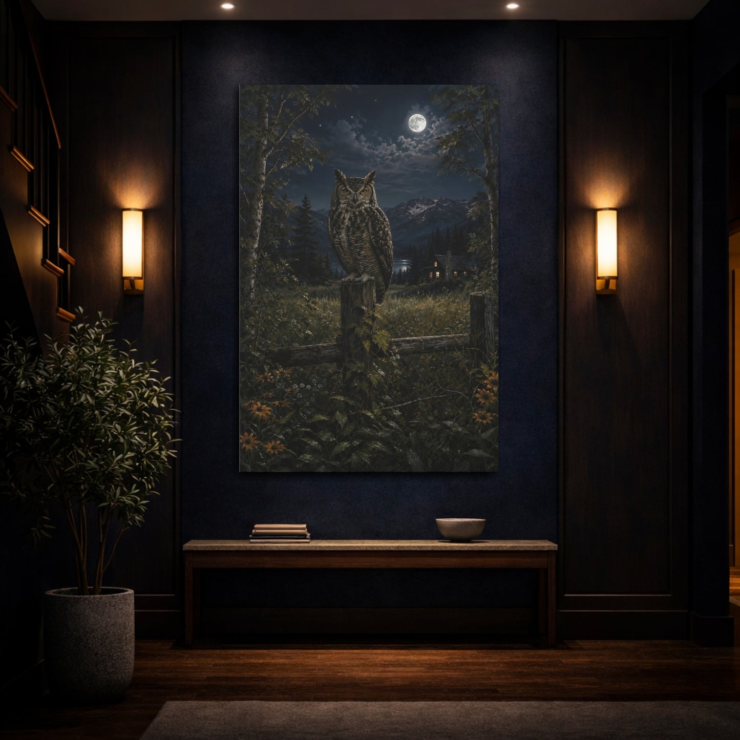 Mockup 4. Nature Owl Nocturnal Owl Scene shown as stretched canvas wall art