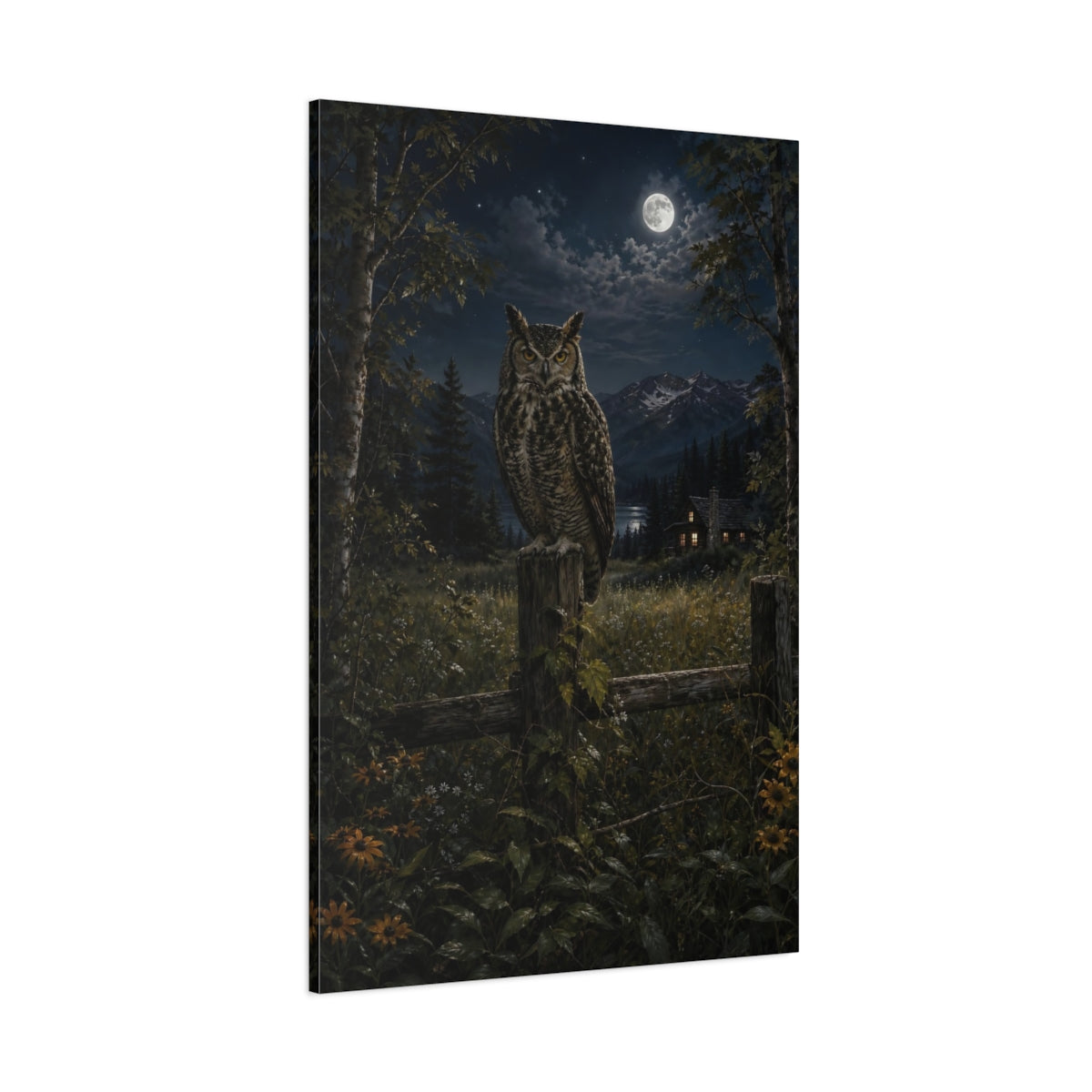 Side Mockup 1. Nature Owl Nocturnal Owl Scene shown as stretched canvas wall art