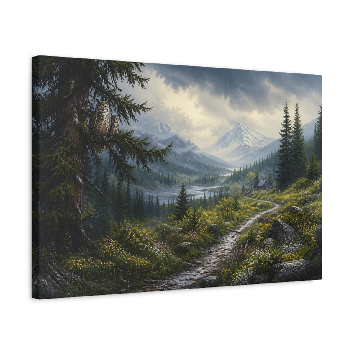 Side Mockup 3. Nature Owls Green Mountain Landscape shown as stretched canvas wall art
