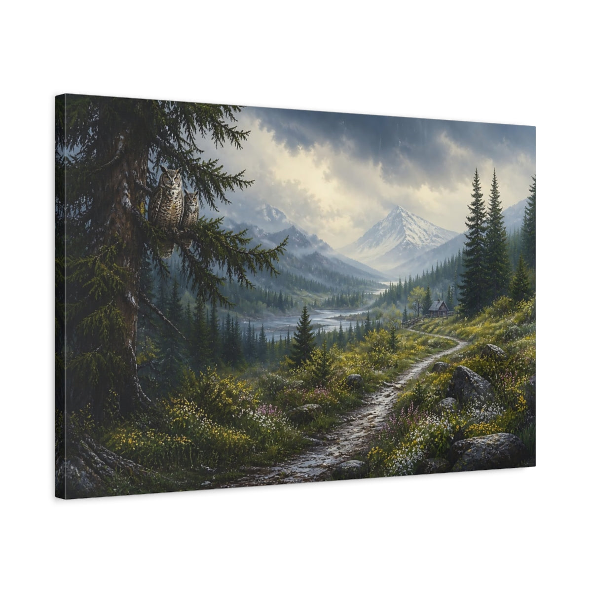 Side Mockup 2. Nature Owls Green Mountain Landscape shown as stretched canvas wall art