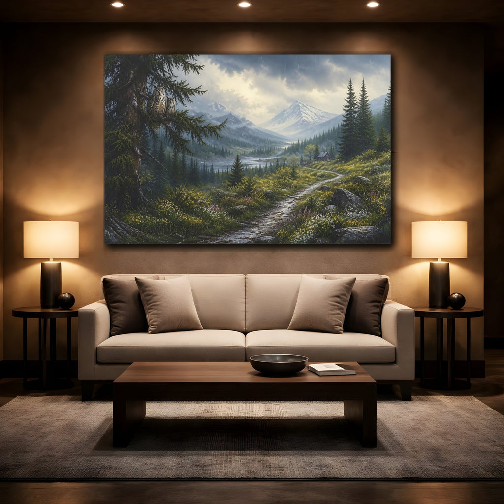 Mockup 2. Nature Owls Green Mountain Landscape shown as stretched canvas wall art