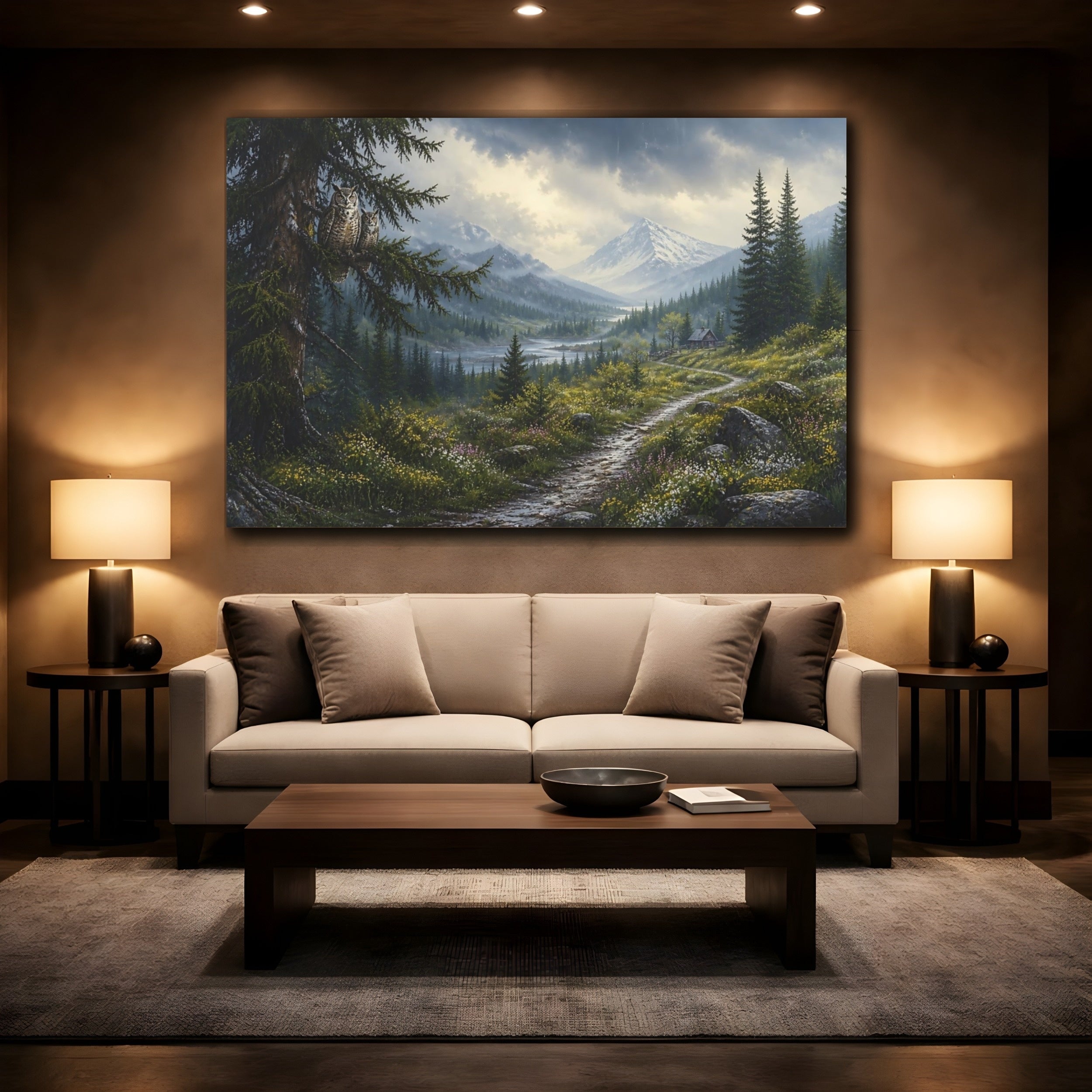Mockup 2. Nature Owls Green Mountain Landscape shown as stretched canvas wall art