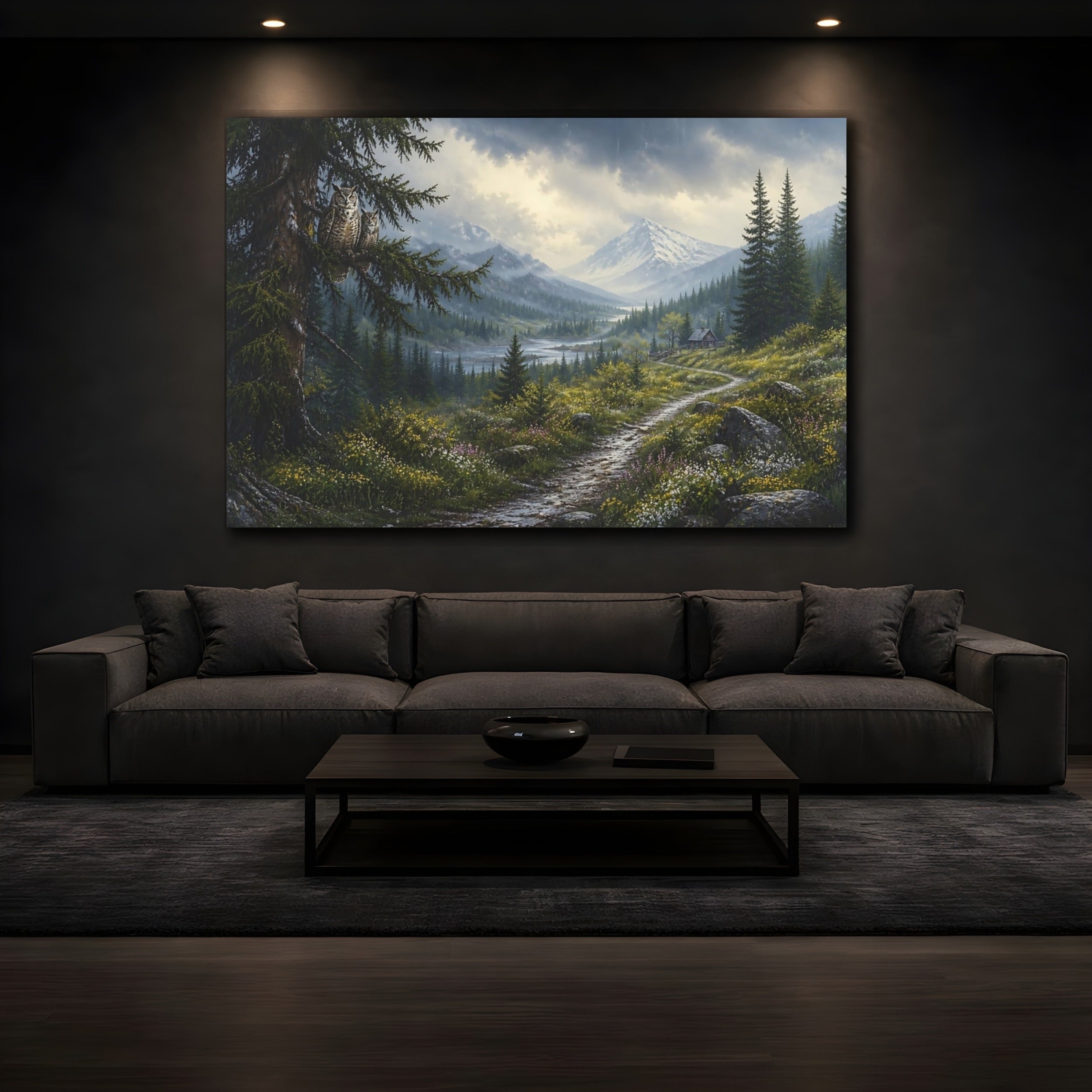 Mockup 3. Nature Owls Green Mountain Landscape shown as stretched canvas wall art