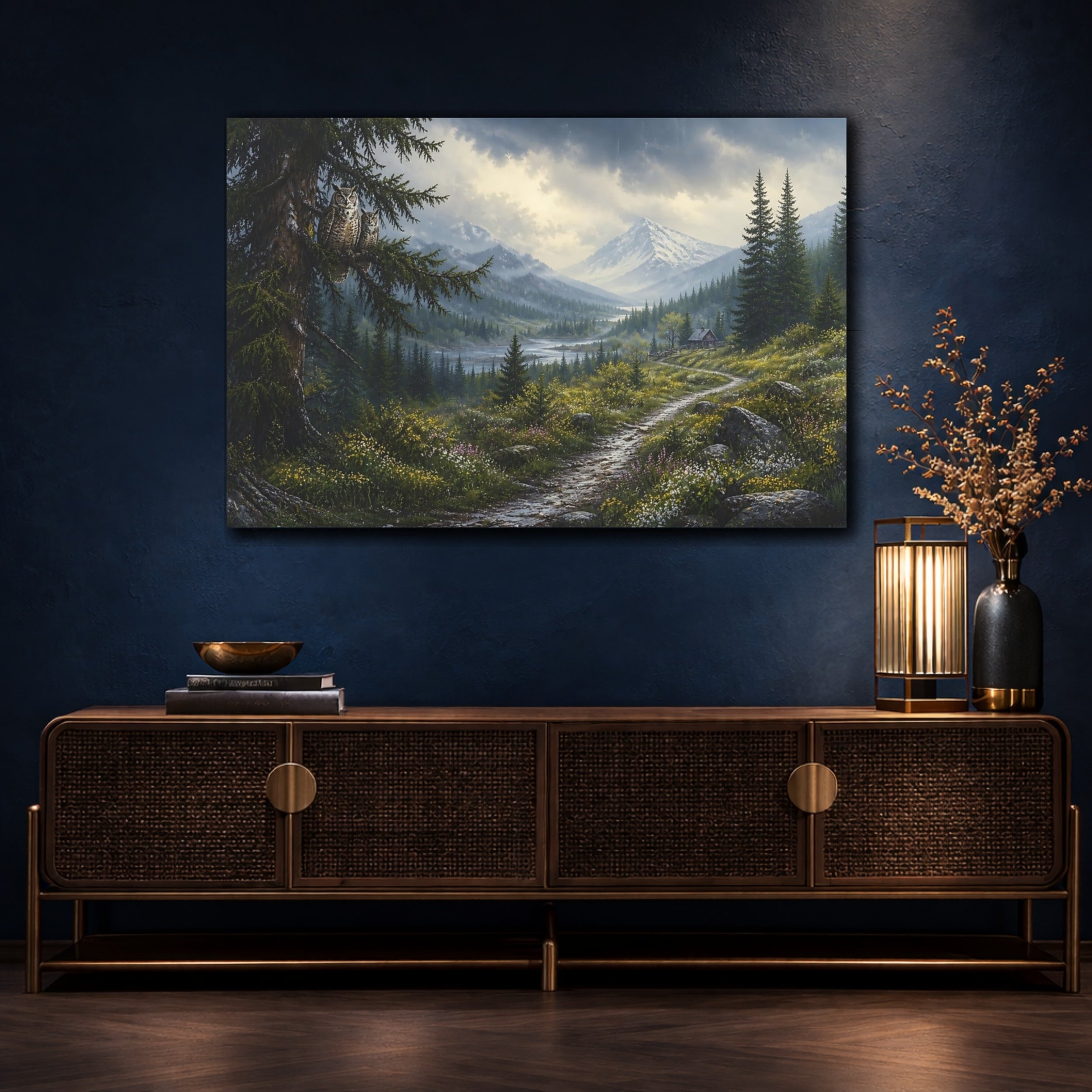Mockup 4. Nature Owls Green Mountain Landscape shown as stretched canvas wall art