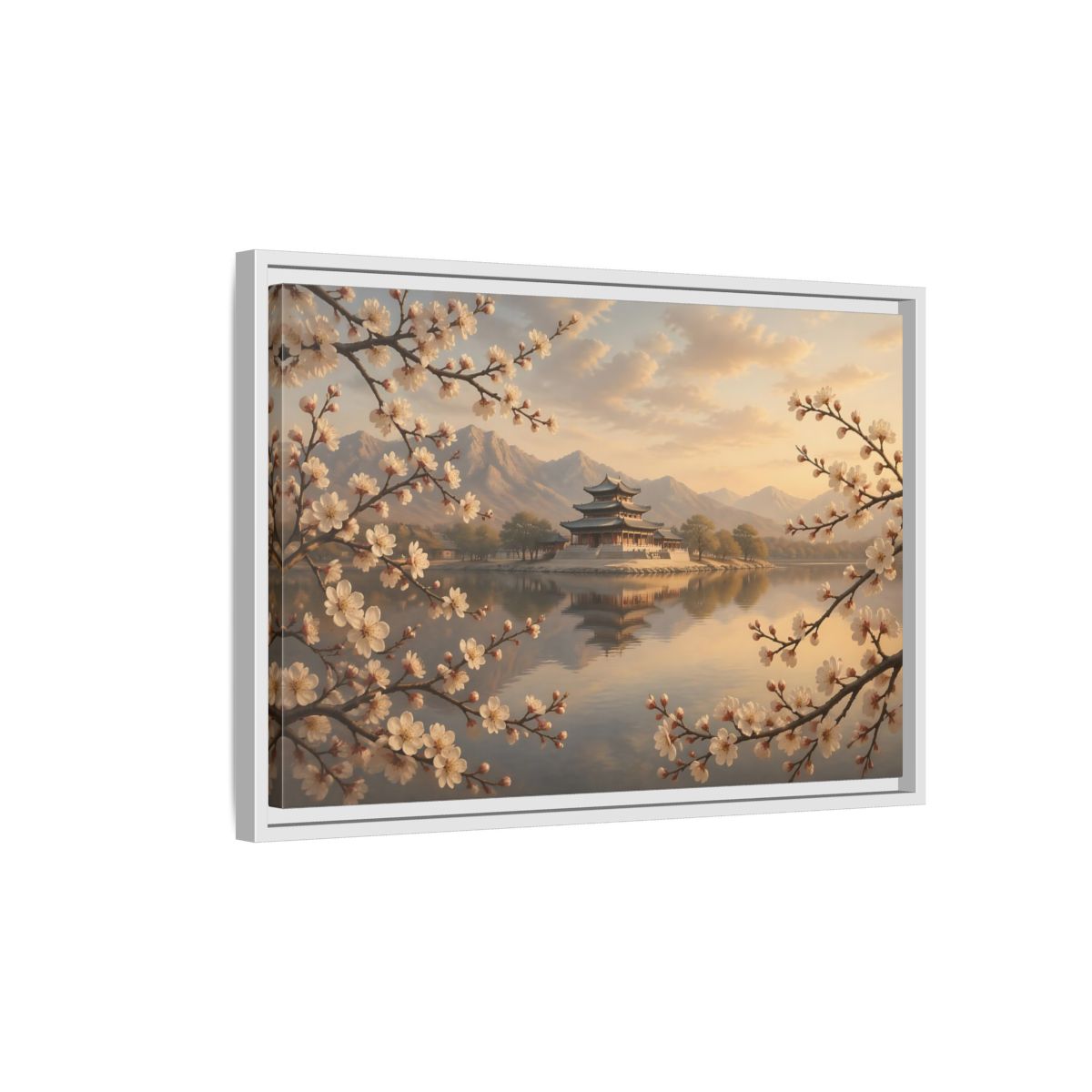 Side Mockup 1. Nature Pagoda Cherry Blossom Pagoda shown as stretched canvas wall art