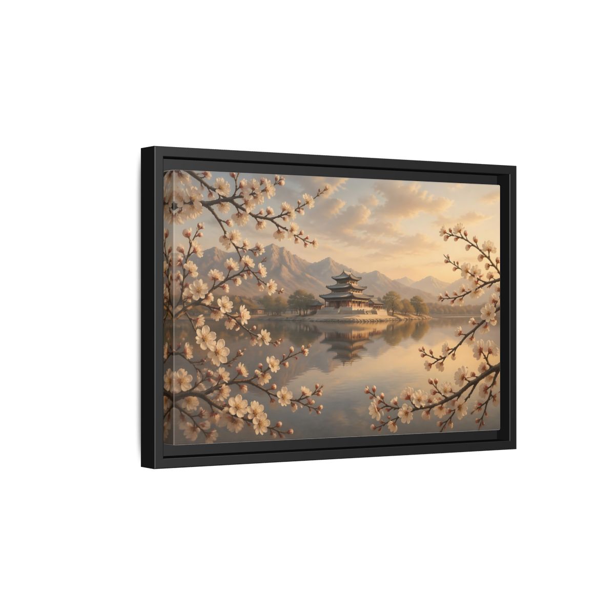 Side Mockup 6. Nature Pagoda Cherry Blossom Pagoda shown as stretched canvas wall art