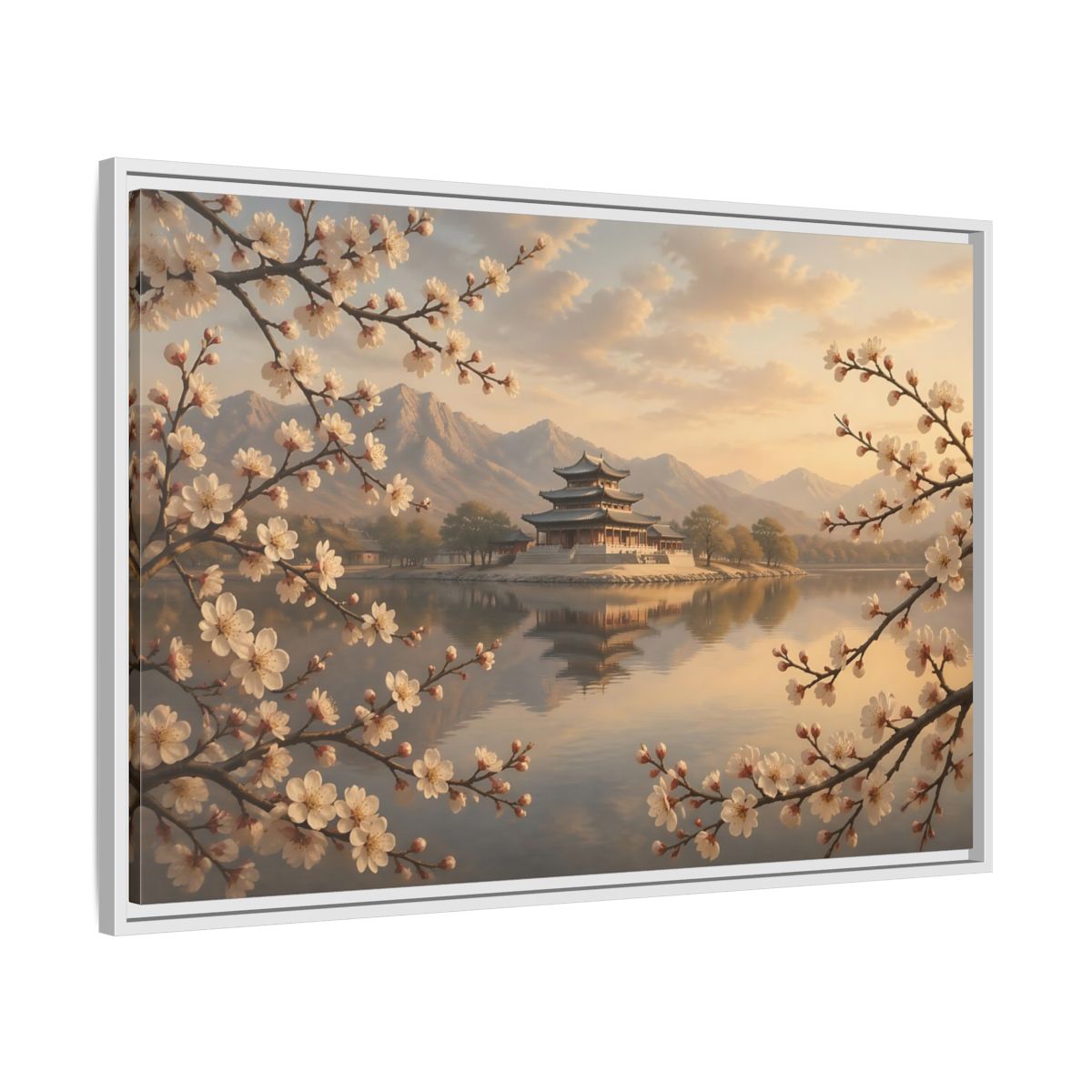 Side Mockup 9. Nature Pagoda Cherry Blossom Pagoda shown as stretched canvas wall art