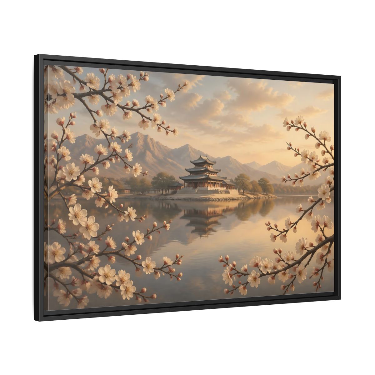 Side Mockup 13. Nature Pagoda Cherry Blossom Pagoda shown as stretched canvas wall art