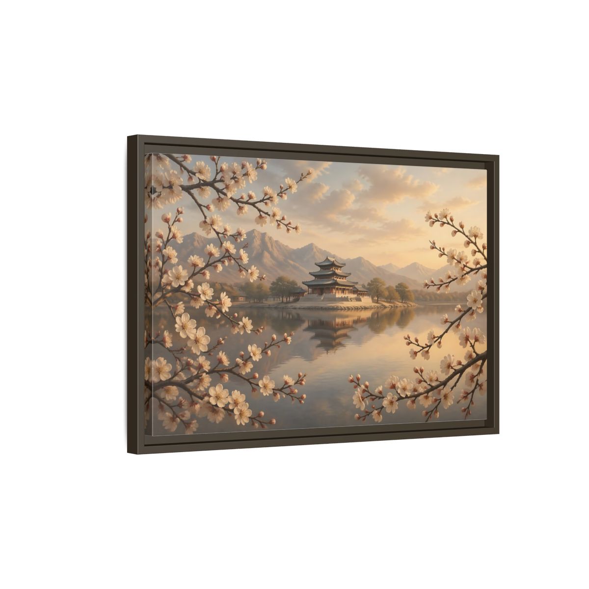 Side Mockup 2. Nature Pagoda Cherry Blossom Pagoda shown as stretched canvas wall art