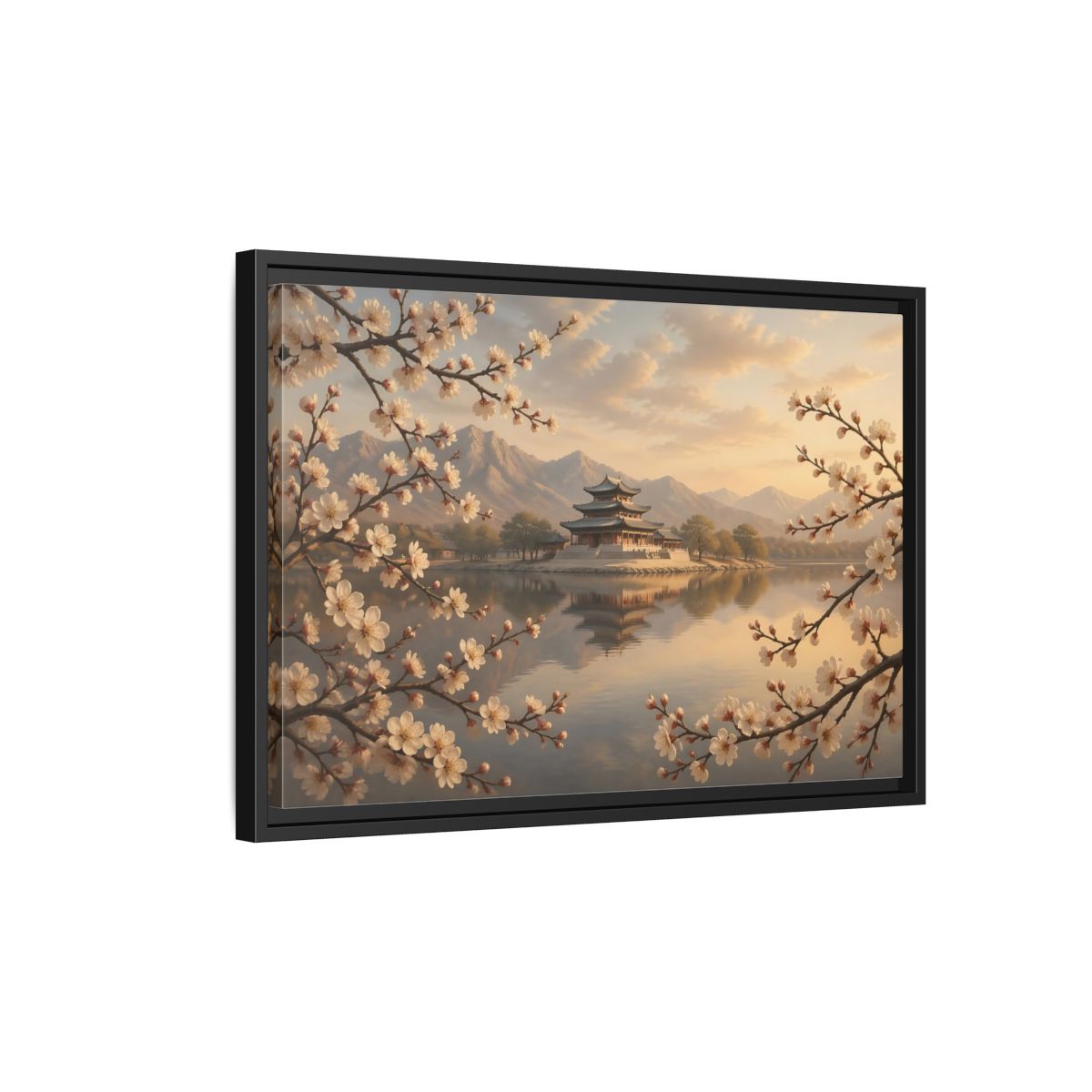 Side Mockup 3. Nature Pagoda Cherry Blossom Pagoda shown as stretched canvas wall art
