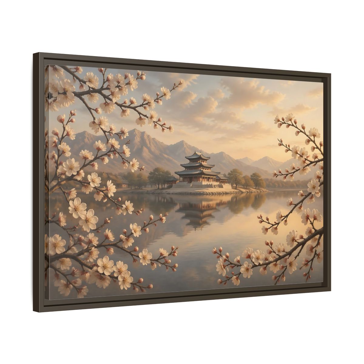 Side Mockup 11. Nature Pagoda Cherry Blossom Pagoda shown as stretched canvas wall art