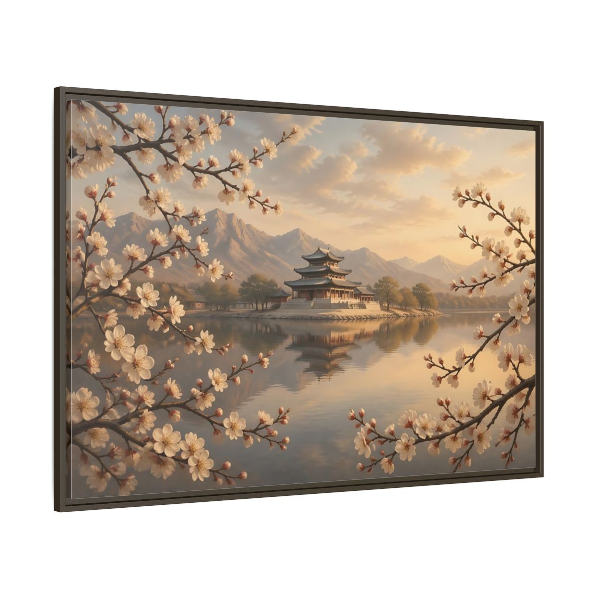Side Mockup 8. Nature Pagoda Cherry Blossom Pagoda shown as stretched canvas wall art