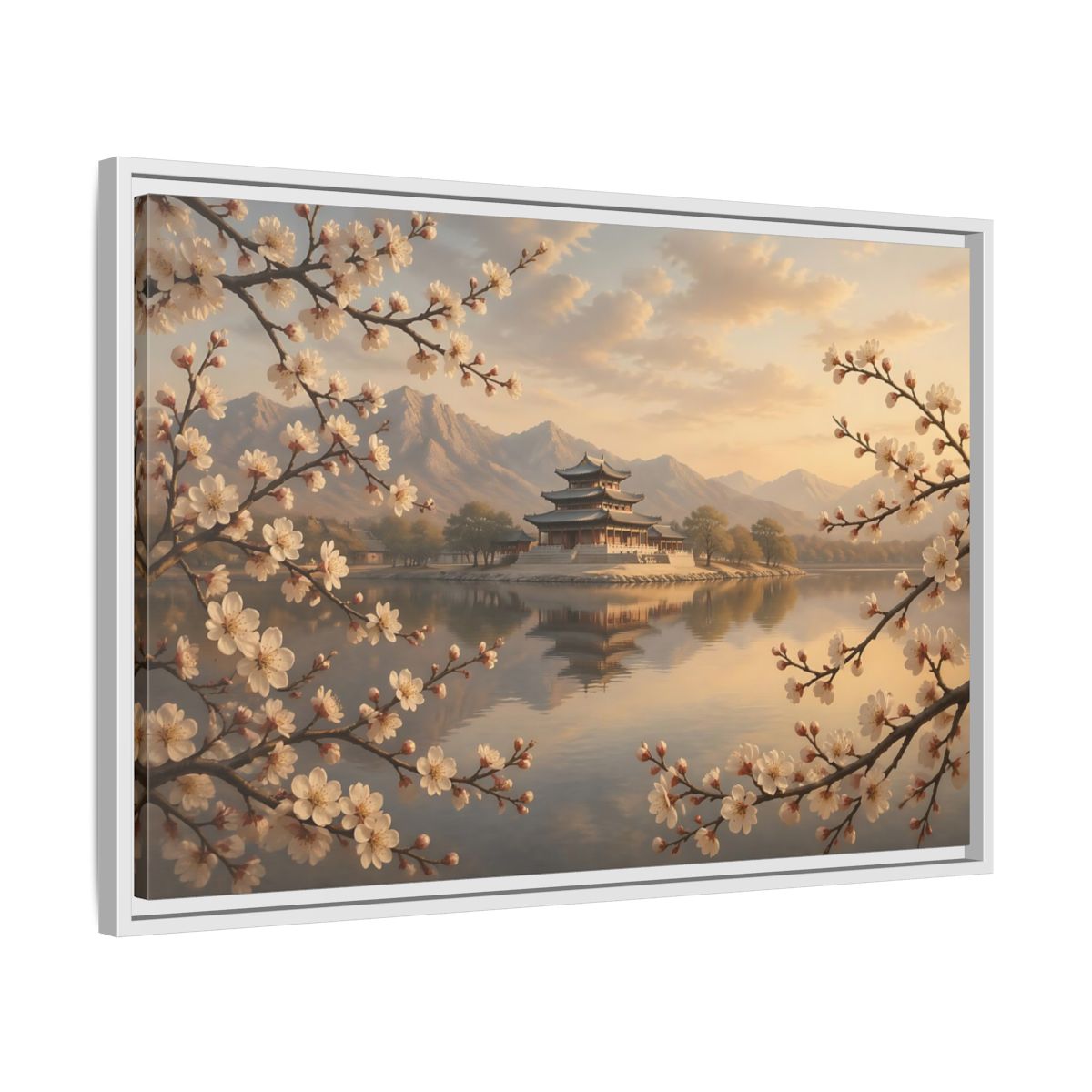 Side Mockup 10. Nature Pagoda Cherry Blossom Pagoda shown as stretched canvas wall art