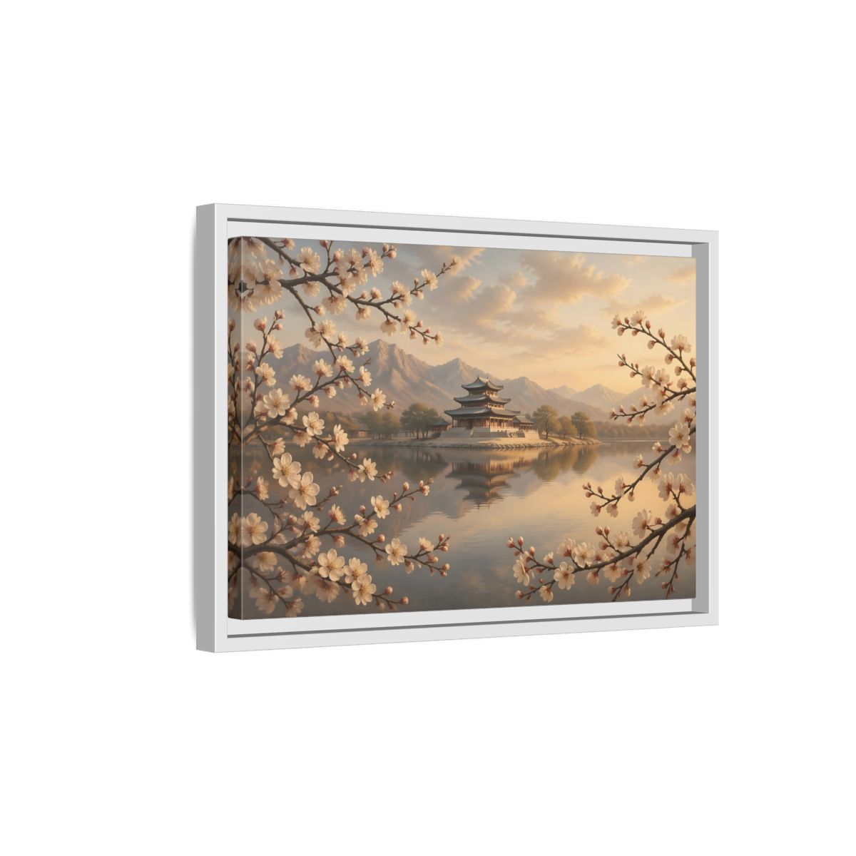 Side Mockup 4. Nature Pagoda Cherry Blossom Pagoda shown as stretched canvas wall art