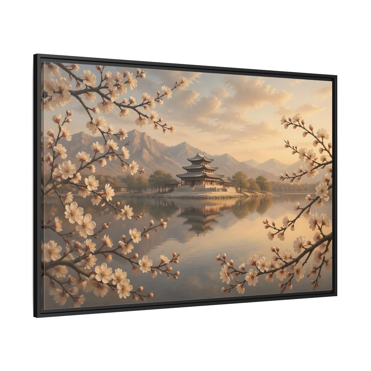 Side Mockup 12. Nature Pagoda Cherry Blossom Pagoda shown as stretched canvas wall art