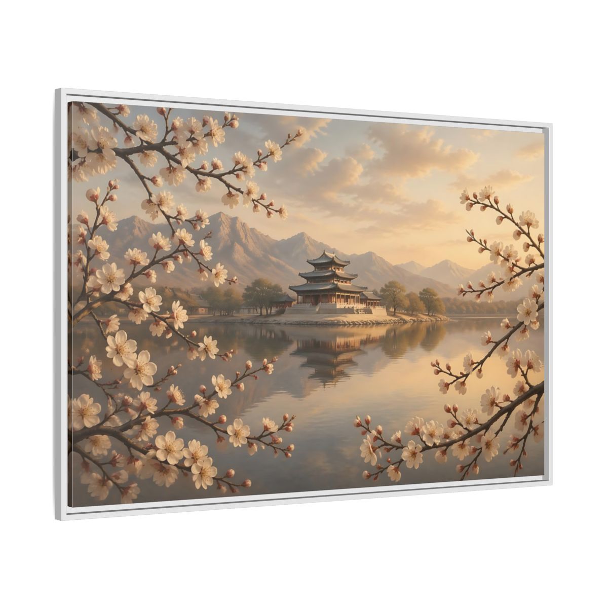 Side Mockup 7. Nature Pagoda Cherry Blossom Pagoda shown as stretched canvas wall art
