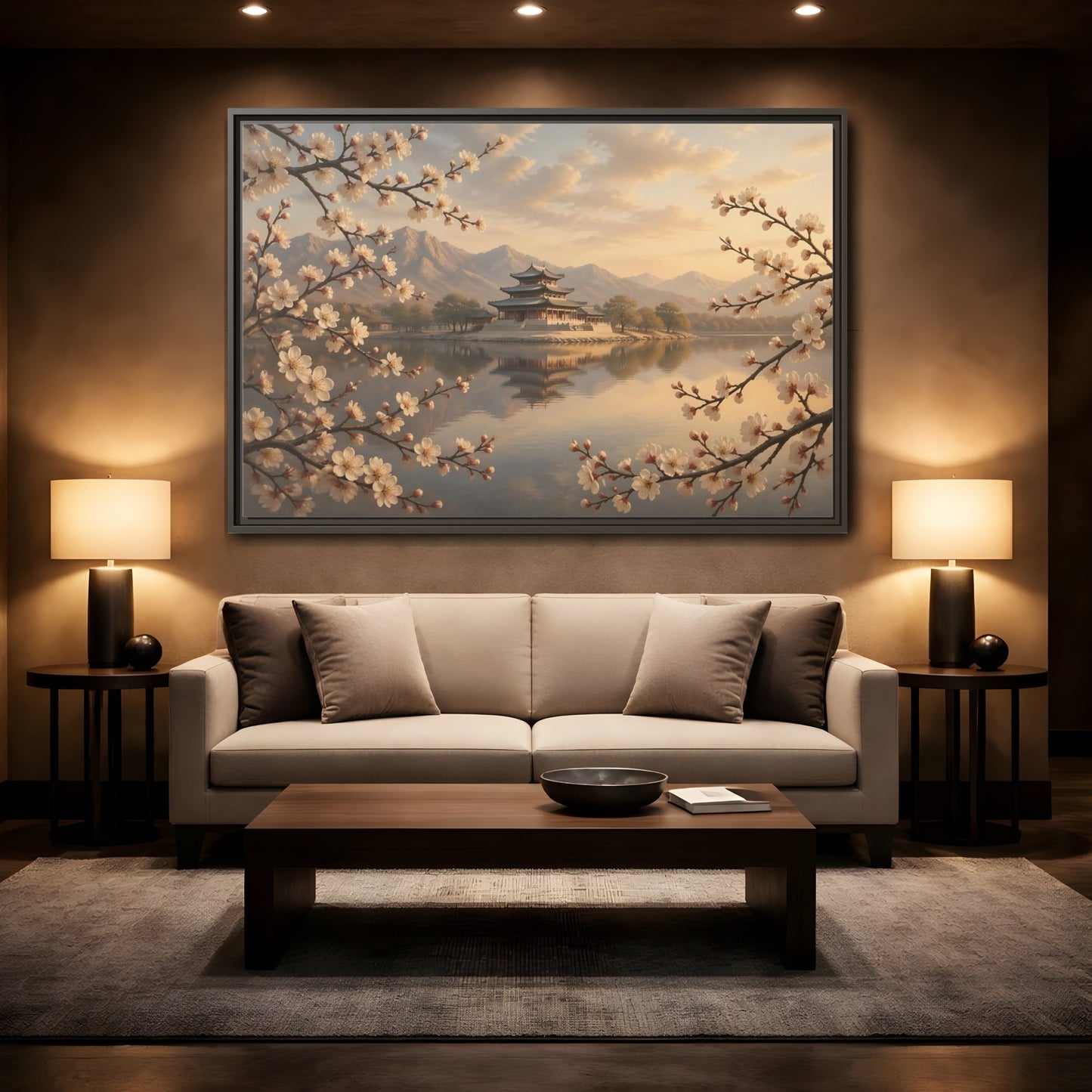 Mockup 2. Nature Pagoda Cherry Blossom Pagoda shown as stretched canvas wall art
