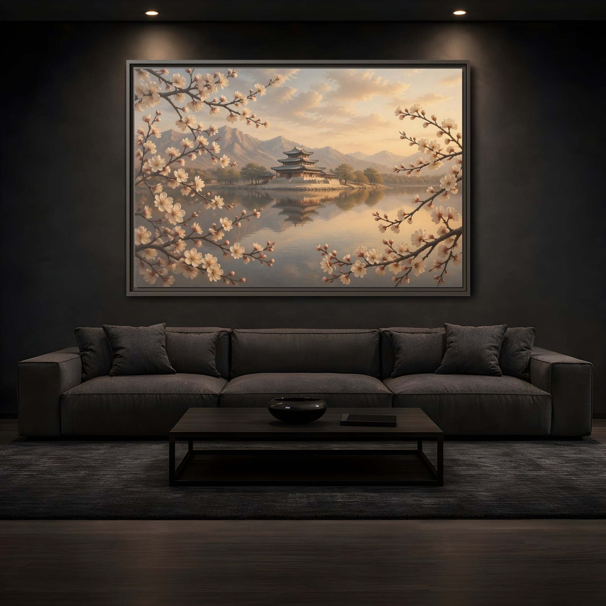 Mockup 3. Nature Pagoda Cherry Blossom Pagoda shown as stretched canvas wall art