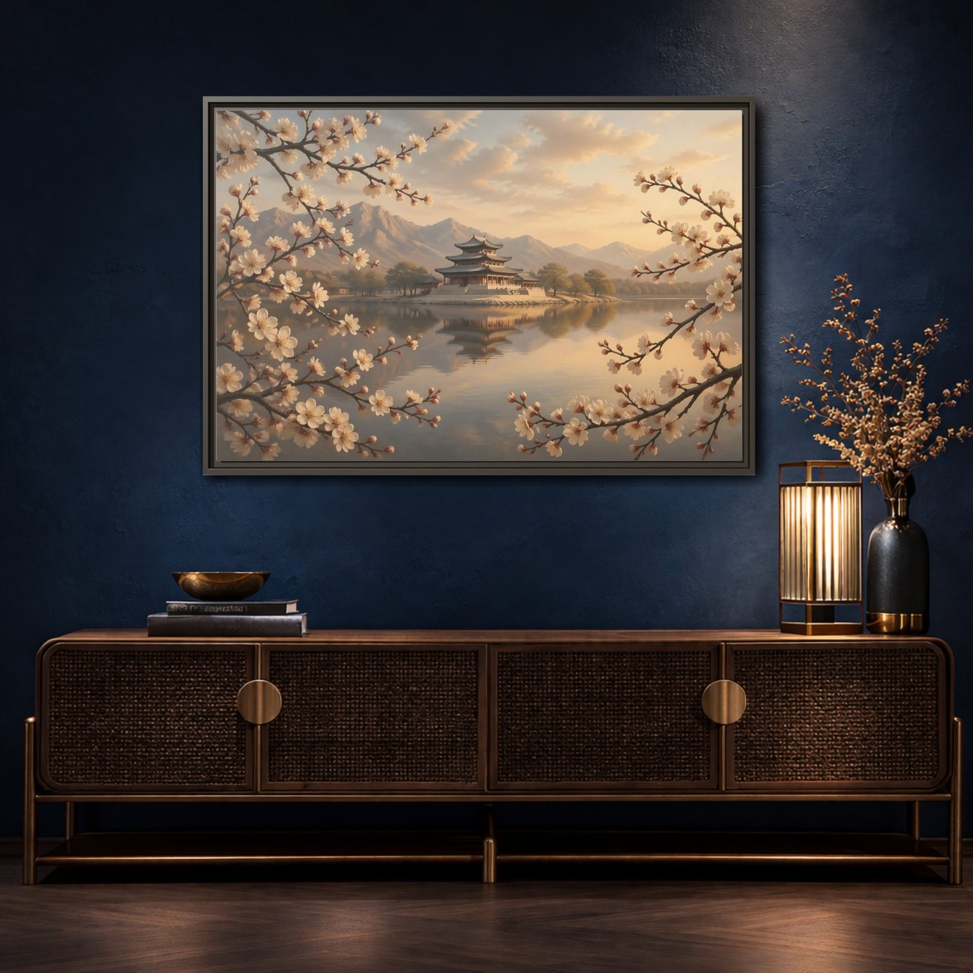Mockup 4. Nature Pagoda Cherry Blossom Pagoda shown as stretched canvas wall art