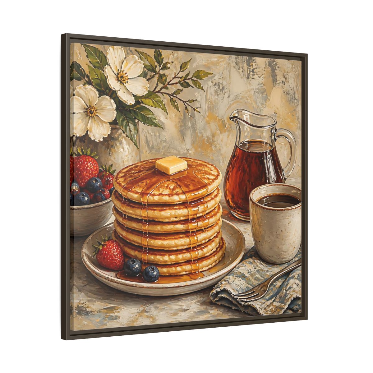 Main Mockup. Nature Pancakes Warm Breakfast Scene shown as stretched canvas wall art
