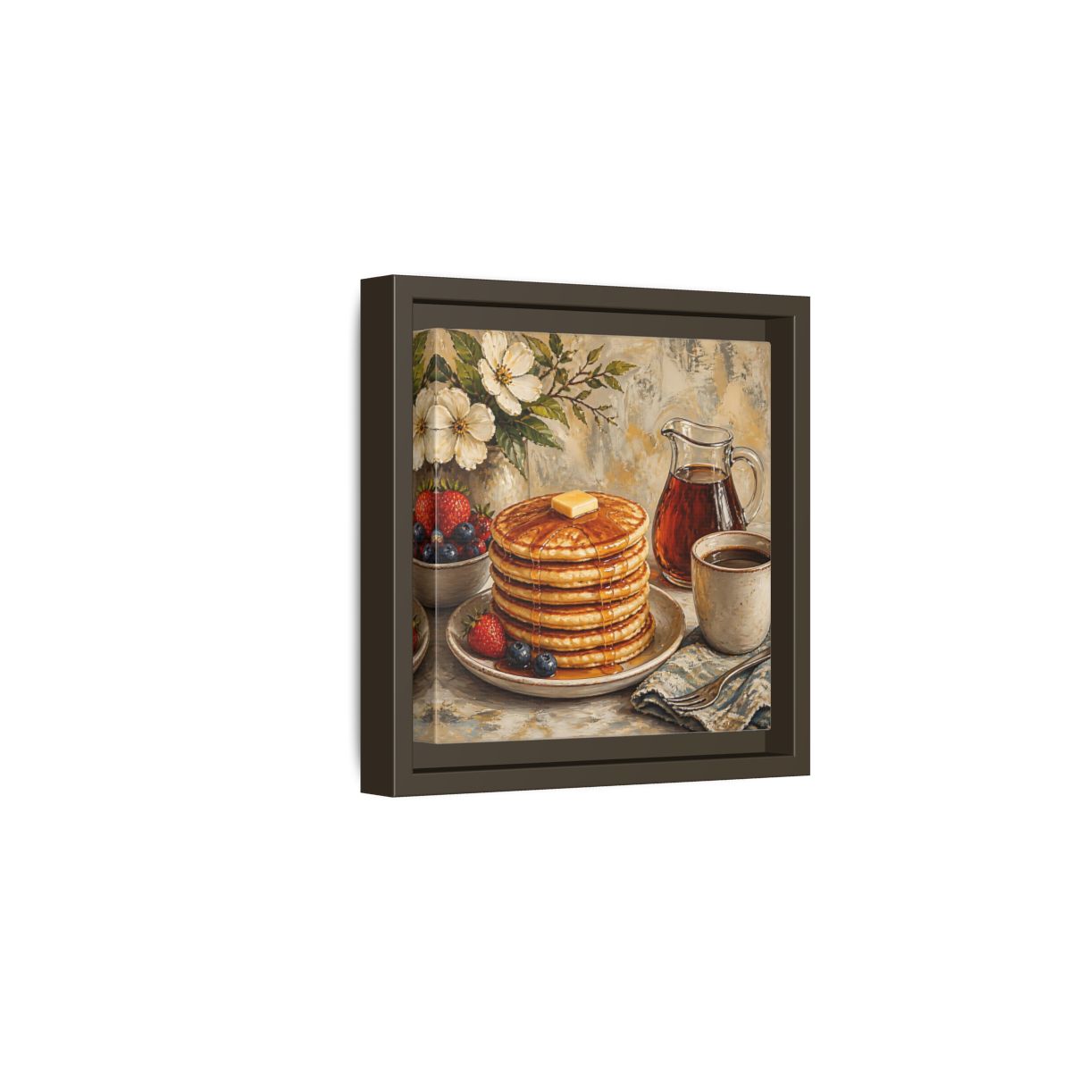 Side Mockup 2. Nature Pancakes Warm Breakfast Scene shown as stretched canvas wall art