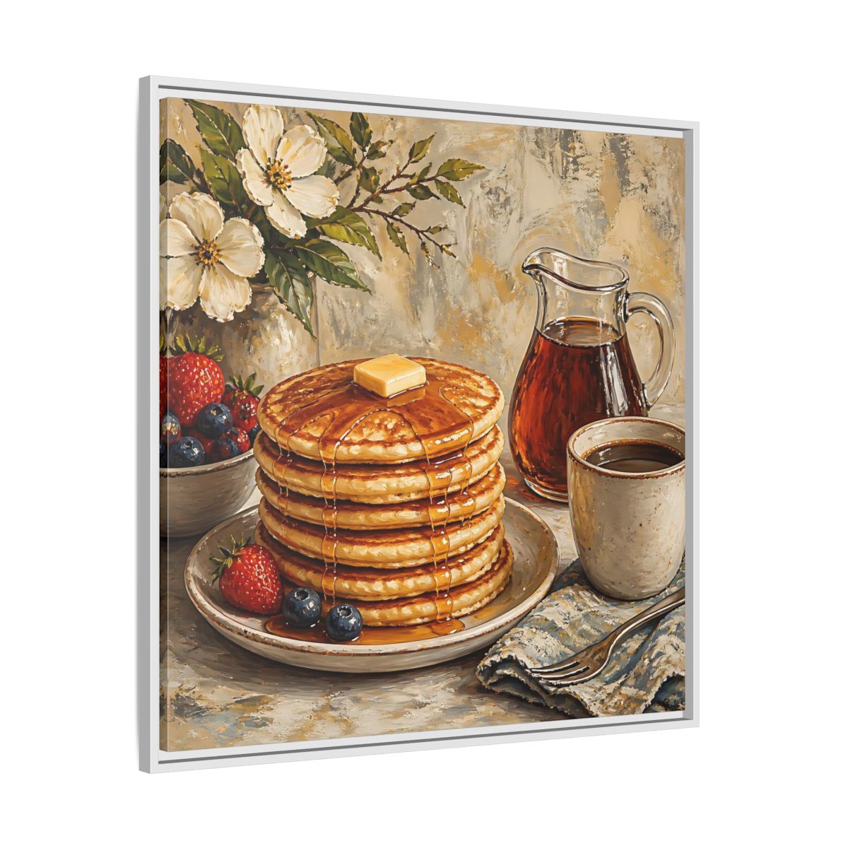 Side Mockup 25. Nature Pancakes Warm Breakfast Scene shown as stretched canvas wall art