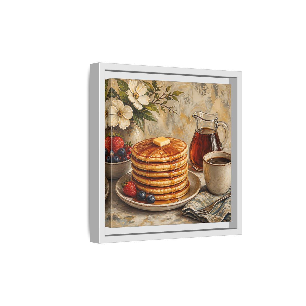 Side Mockup 19. Nature Pancakes Warm Breakfast Scene shown as stretched canvas wall art