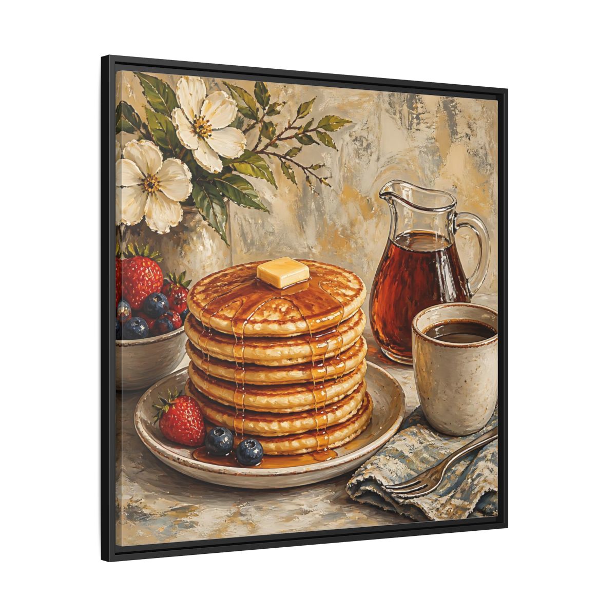 Side Mockup 30. Nature Pancakes Warm Breakfast Scene shown as stretched canvas wall art