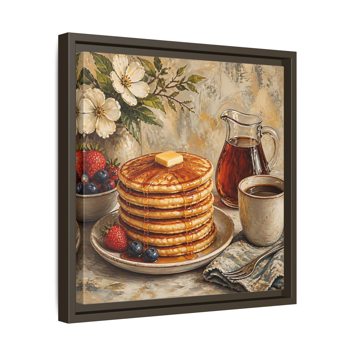 Side Mockup 29. Nature Pancakes Warm Breakfast Scene shown as stretched canvas wall art