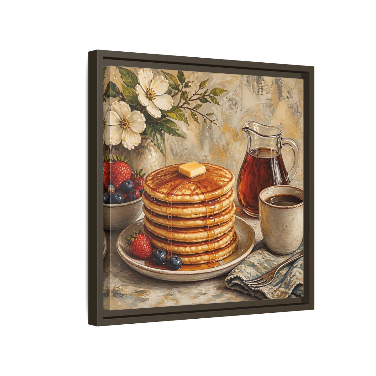 Side Mockup 14. Nature Pancakes Warm Breakfast Scene shown as stretched canvas wall art