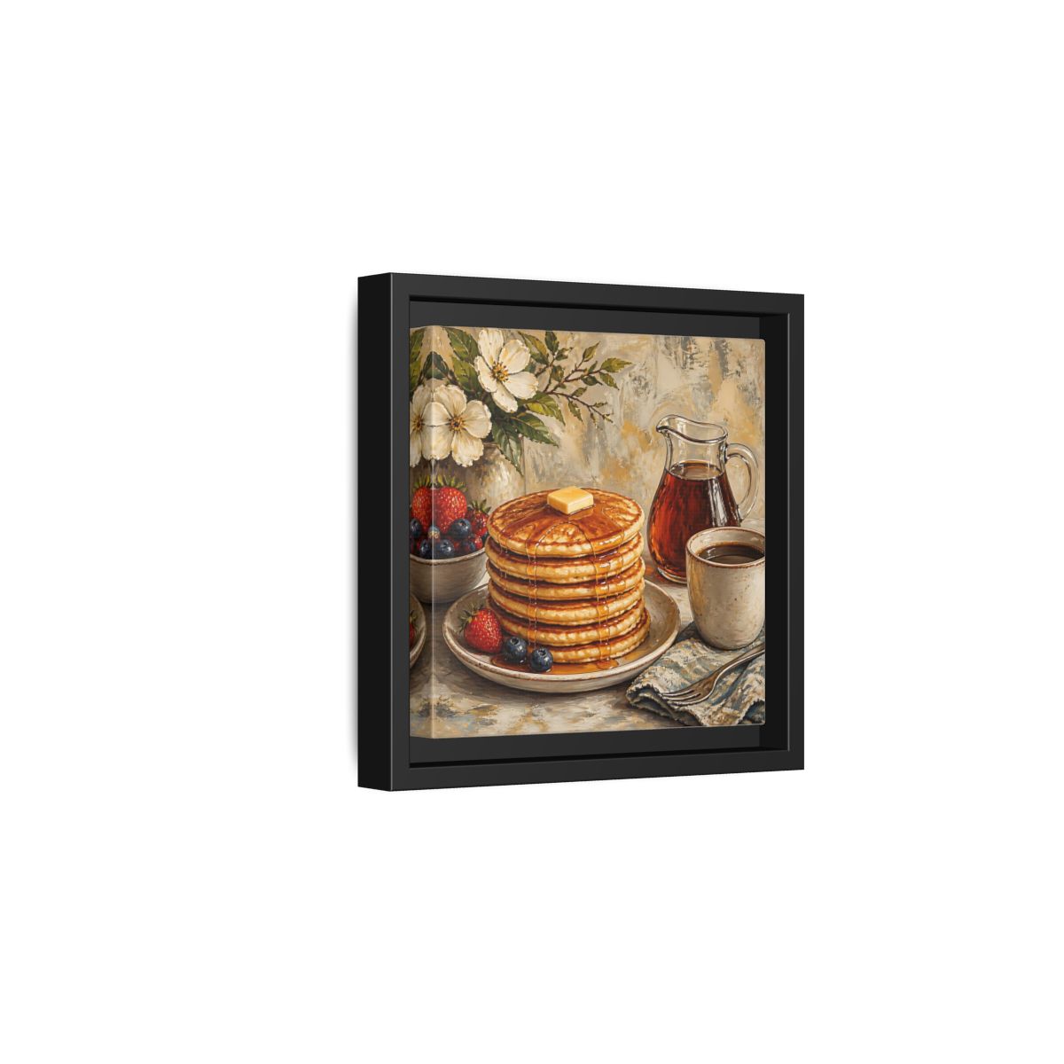 Side Mockup 3. Nature Pancakes Warm Breakfast Scene shown as stretched canvas wall art