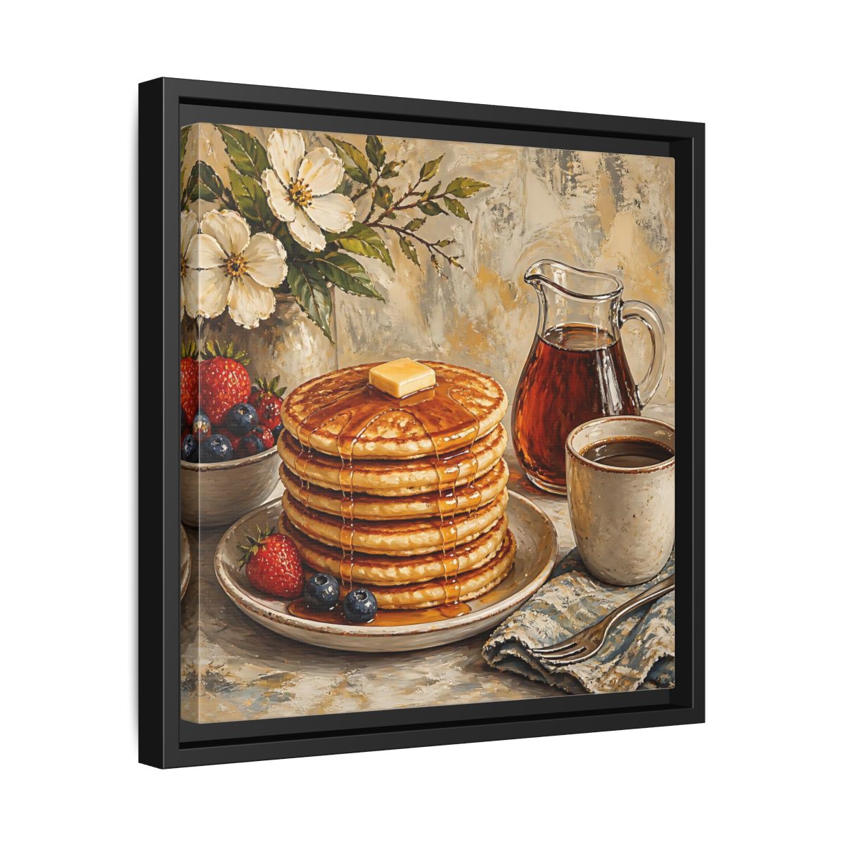 Side Mockup 32. Nature Pancakes Warm Breakfast Scene shown as stretched canvas wall art