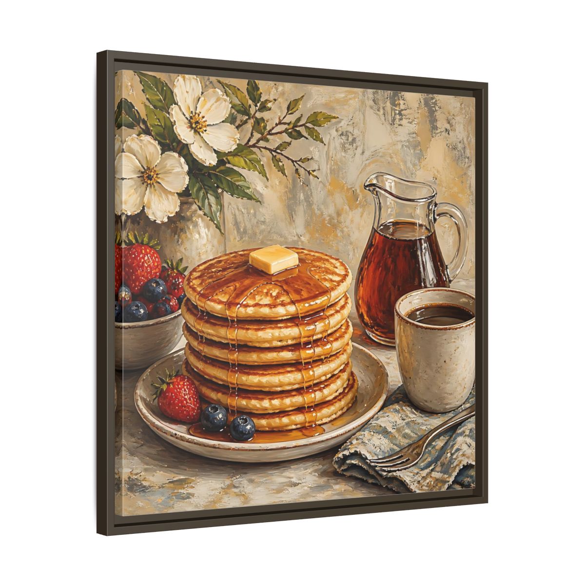 Side Mockup 27. Nature Pancakes Warm Breakfast Scene shown as stretched canvas wall art