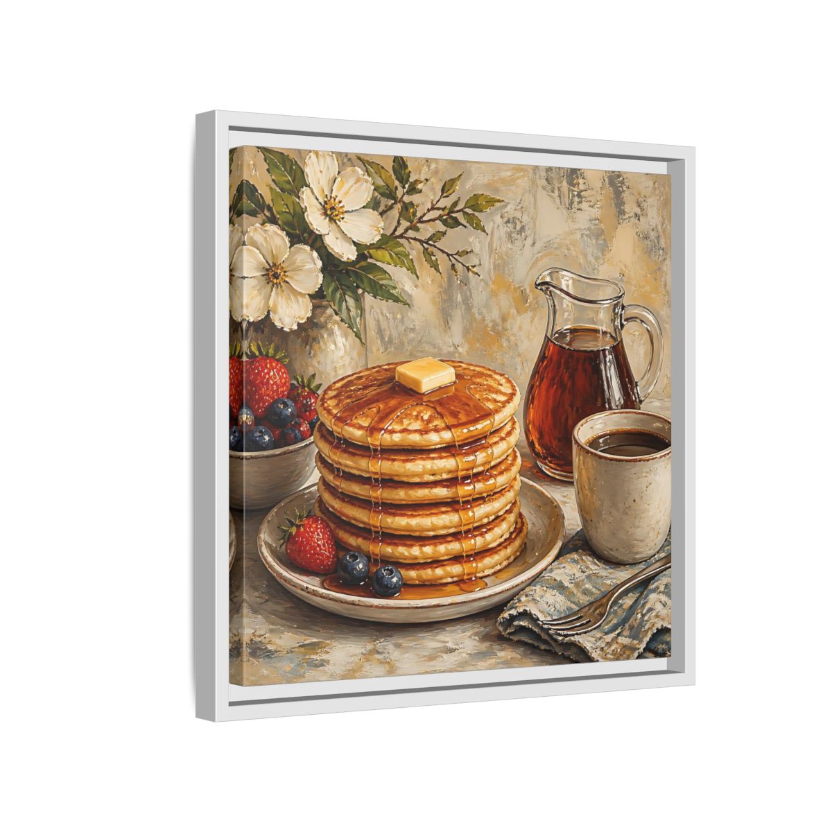 Side Mockup 13. Nature Pancakes Warm Breakfast Scene shown as stretched canvas wall art