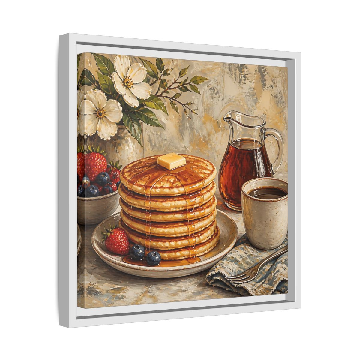 Side Mockup 28. Nature Pancakes Warm Breakfast Scene shown as stretched canvas wall art