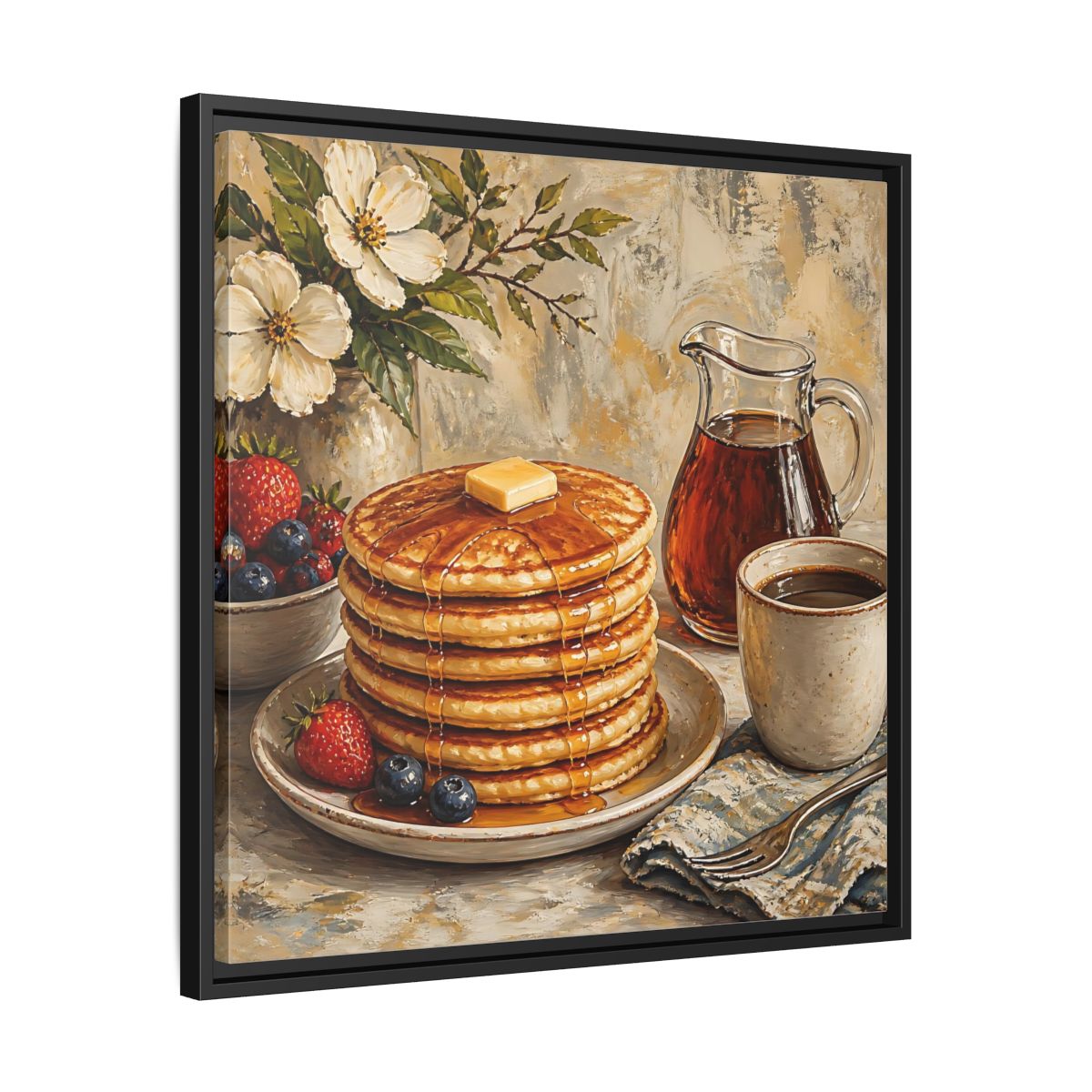 Side Mockup 31. Nature Pancakes Warm Breakfast Scene shown as stretched canvas wall art