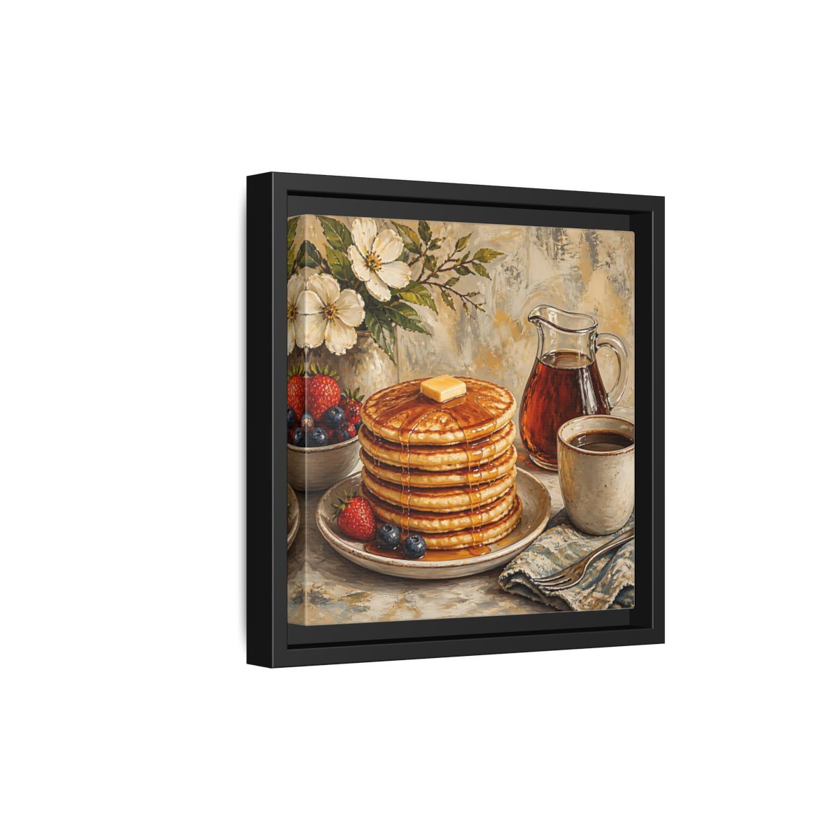 Side Mockup 21. Nature Pancakes Warm Breakfast Scene shown as stretched canvas wall art