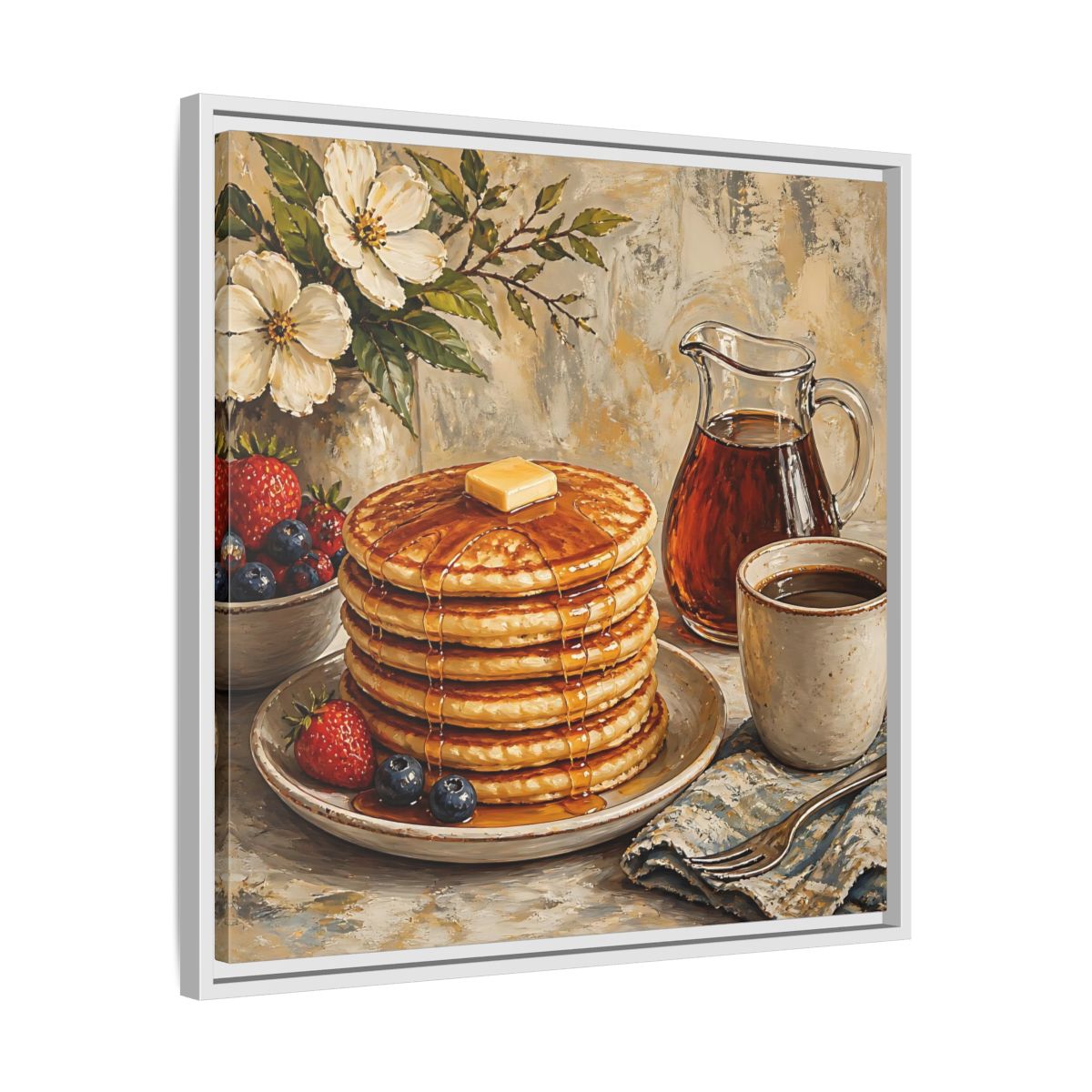 Side Mockup 26. Nature Pancakes Warm Breakfast Scene shown as stretched canvas wall art