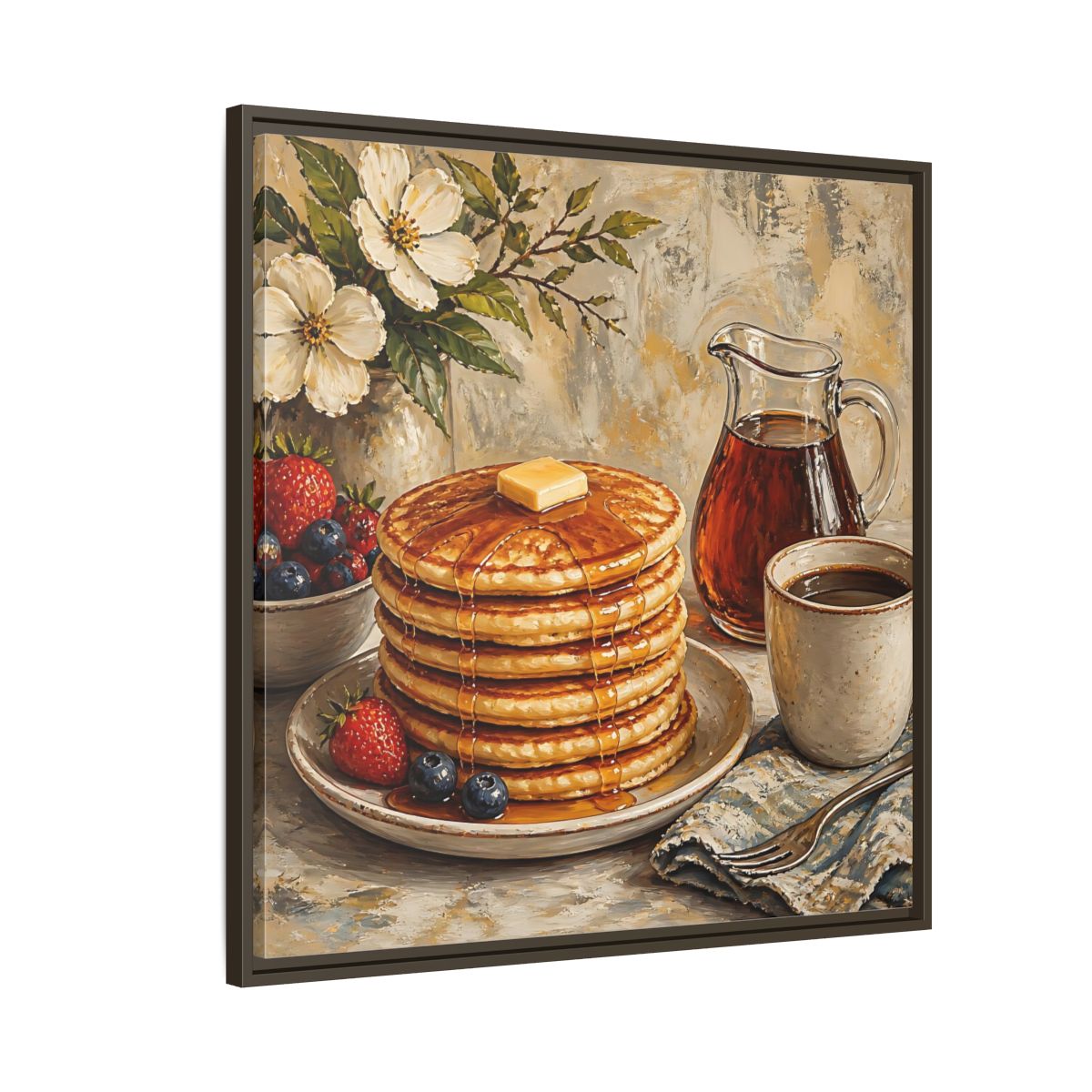 Side Mockup 8. Nature Pancakes Warm Breakfast Scene shown as stretched canvas wall art