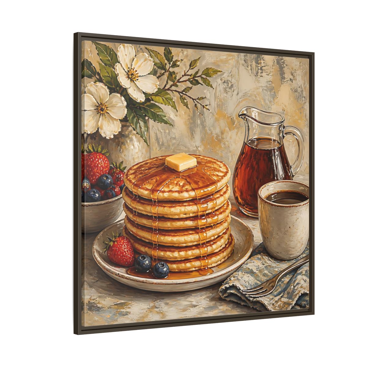 Side Mockup 5. Nature Pancakes Warm Breakfast Scene shown as stretched canvas wall art