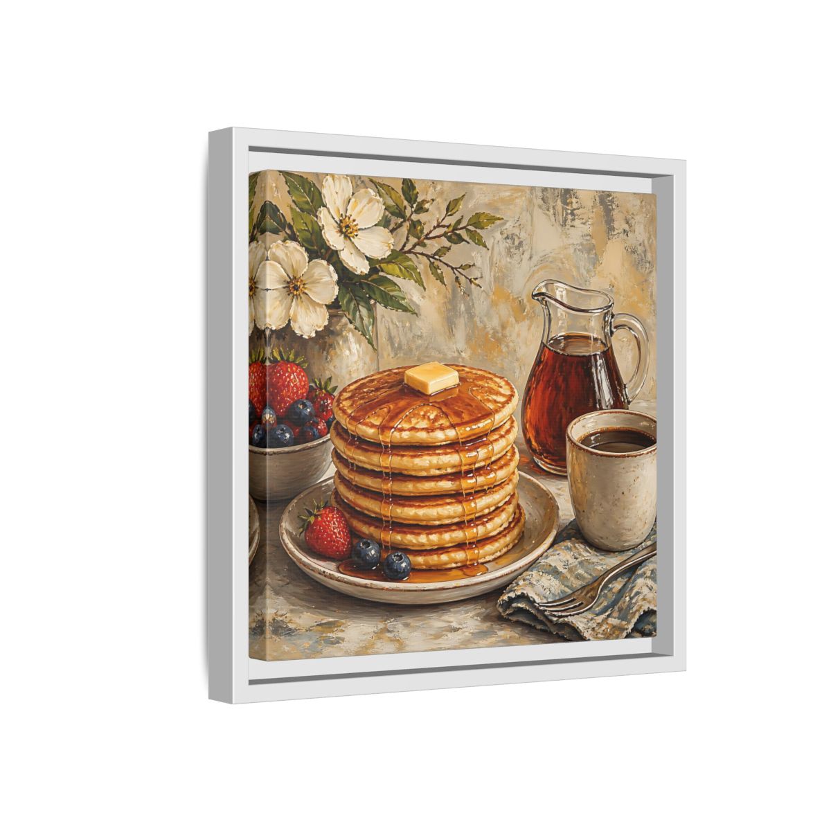 Side Mockup 16. Nature Pancakes Warm Breakfast Scene shown as stretched canvas wall art