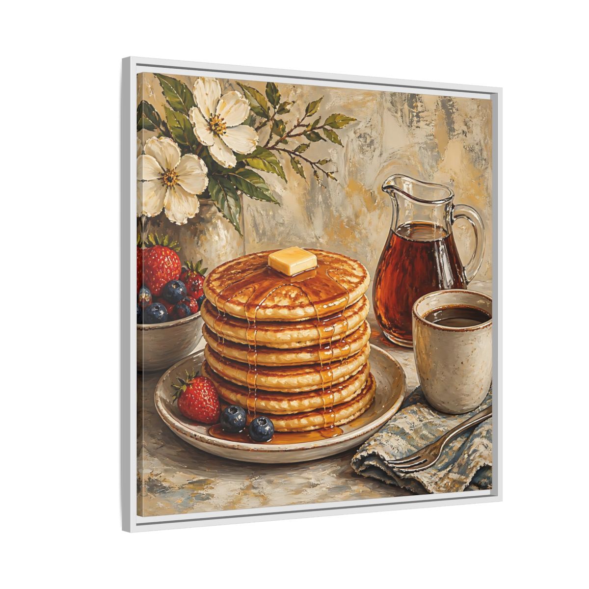 Side Mockup 7. Nature Pancakes Warm Breakfast Scene shown as stretched canvas wall art