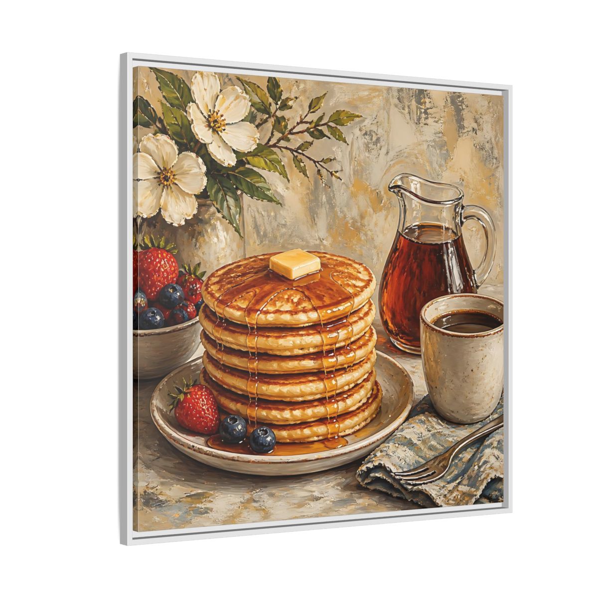Side Mockup 4. Nature Pancakes Warm Breakfast Scene shown as stretched canvas wall art