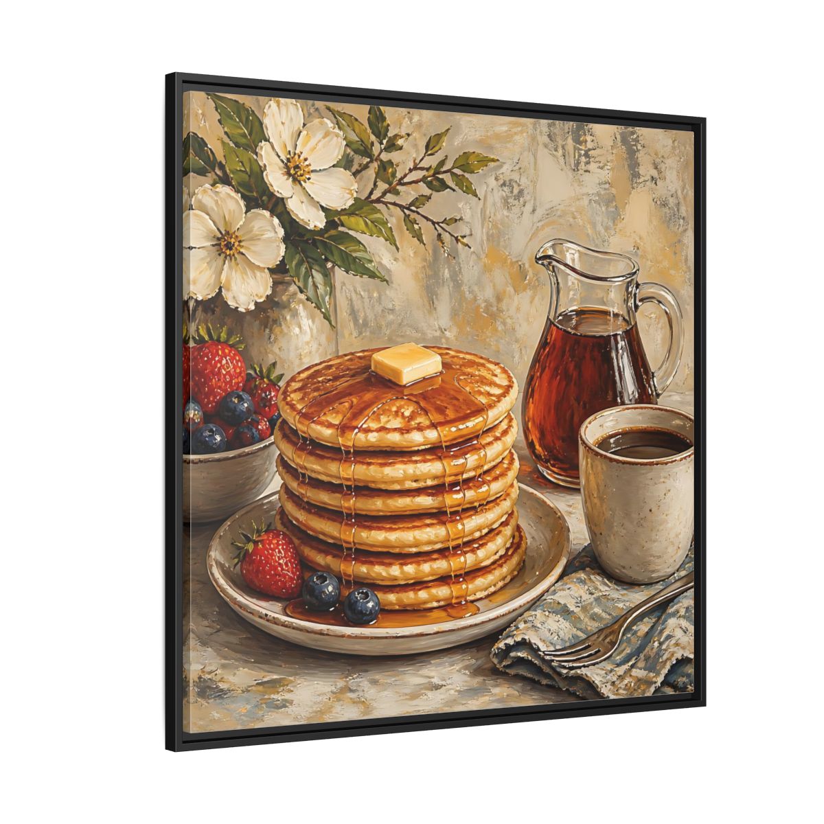 Side Mockup 6. Nature Pancakes Warm Breakfast Scene shown as stretched canvas wall art