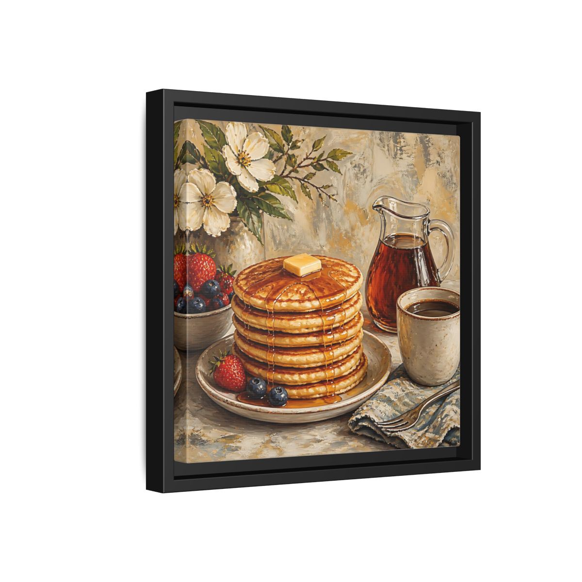 Side Mockup 18. Nature Pancakes Warm Breakfast Scene shown as stretched canvas wall art